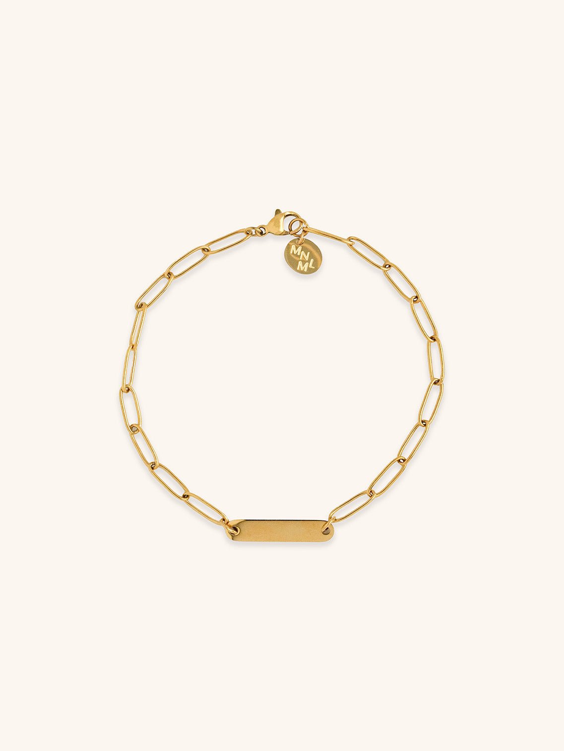 Paperclip Engravable Bracelet gold tone titanium, bold paperclip chain with centre plate, product flatlay