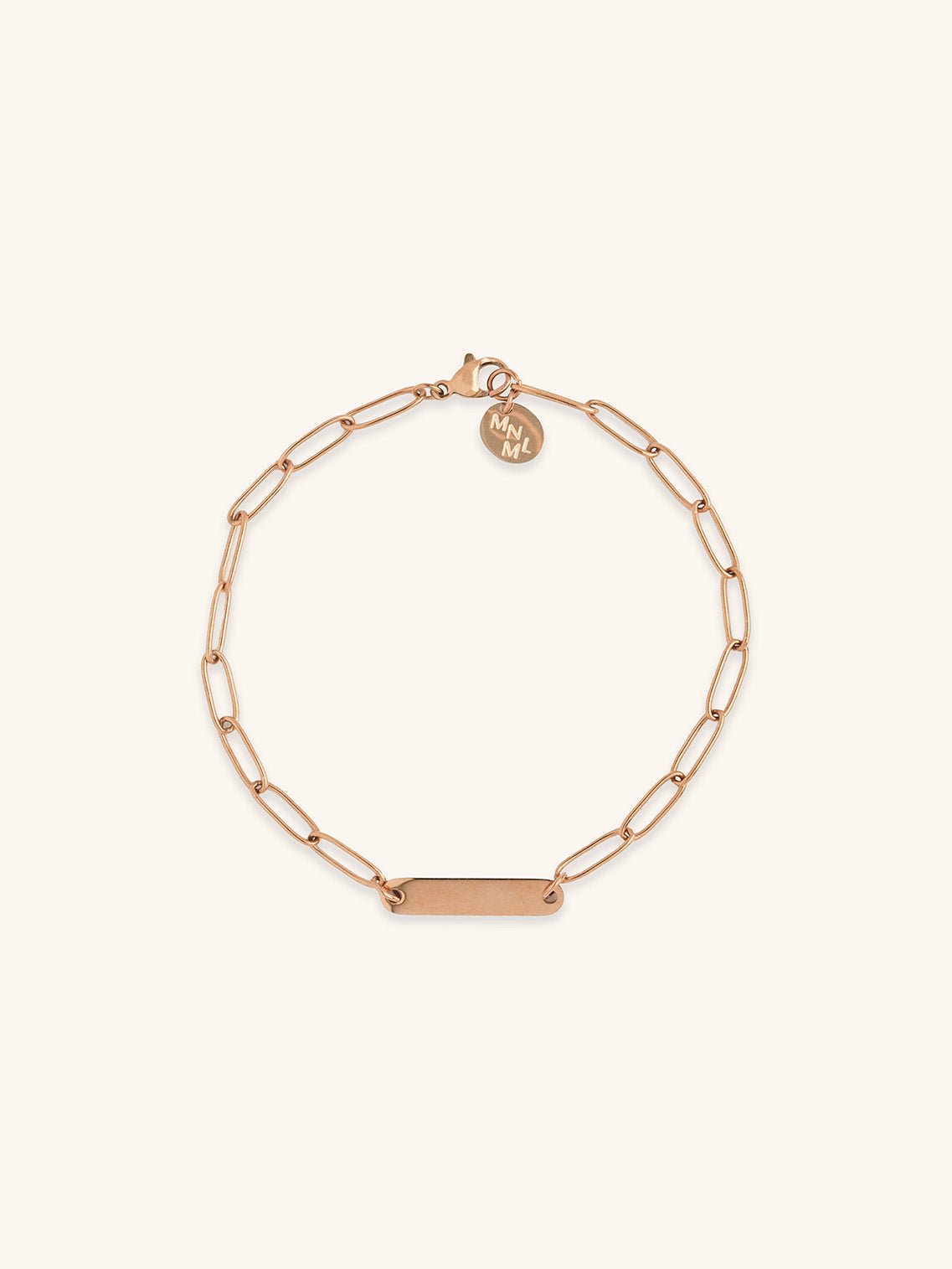 Paperclip Engravable Bracelet rose gold tone titanium, bold paperclip chain with centre plate, product flatlay