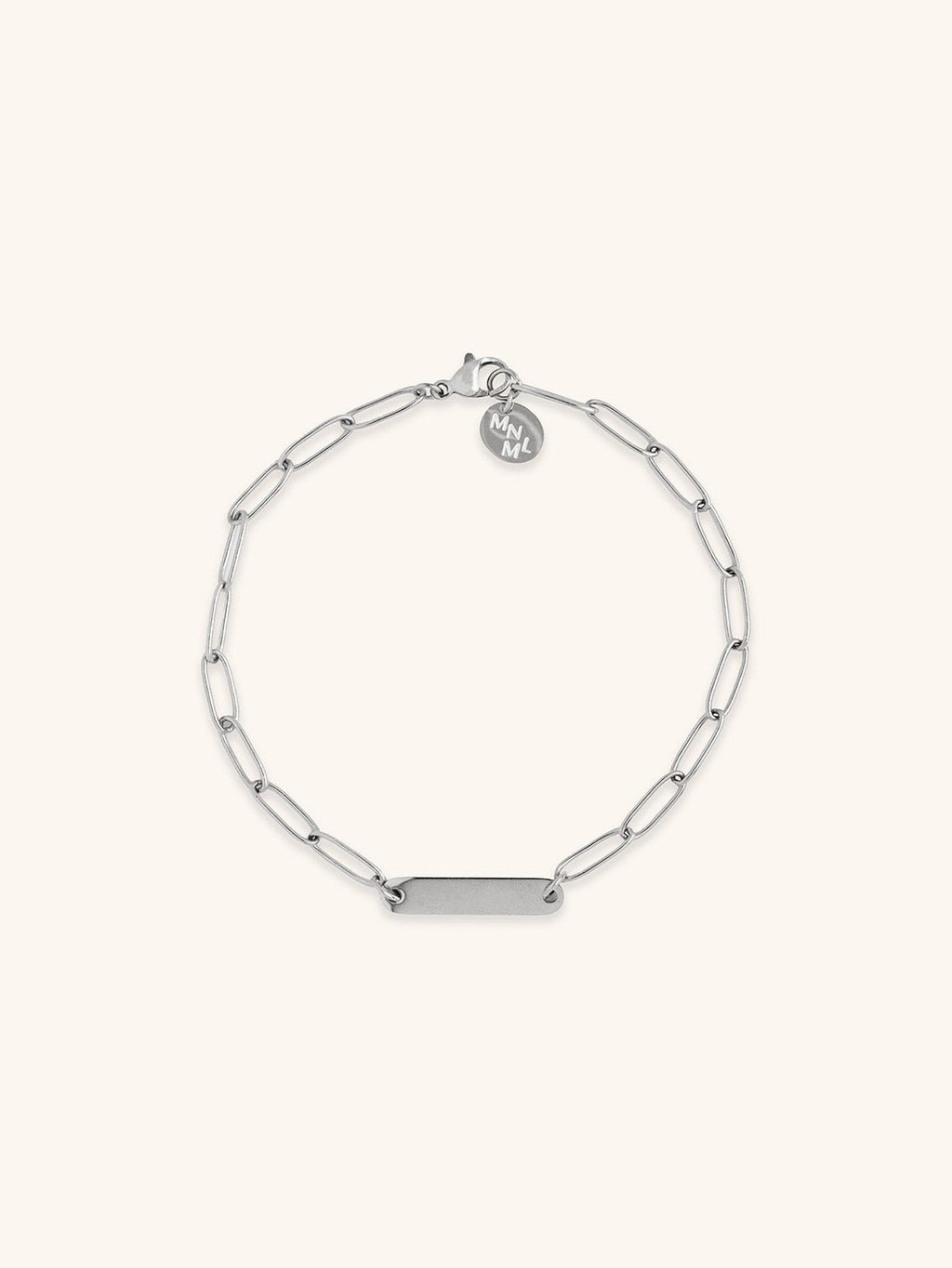 Paperclip Engravable Bracelet silver tone titanium, bold paperclip chain with centre plate, product flatlay