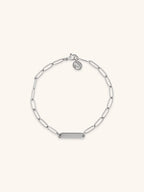 Paperclip Engravable Bracelet silver tone titanium, bold paperclip chain with centre plate, product flatlay