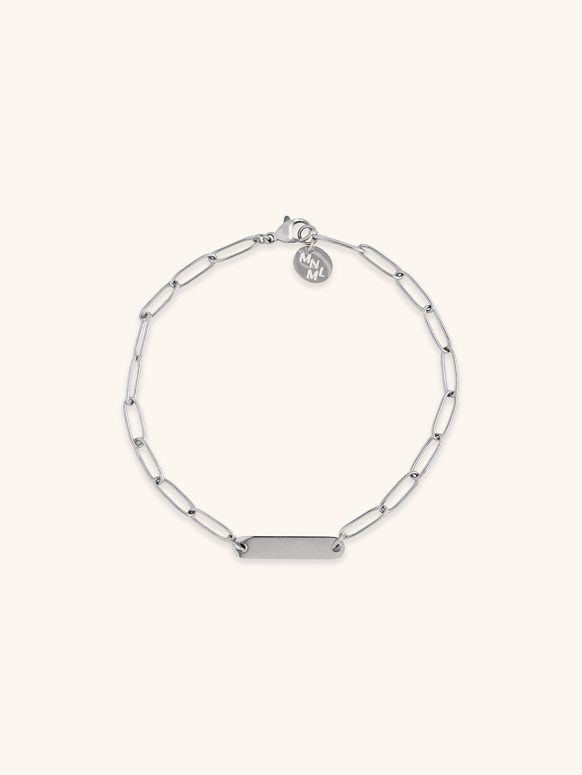 Paperclip Engravable Bracelet silver tone titanium, bold paperclip chain with centre plate, product flatlay