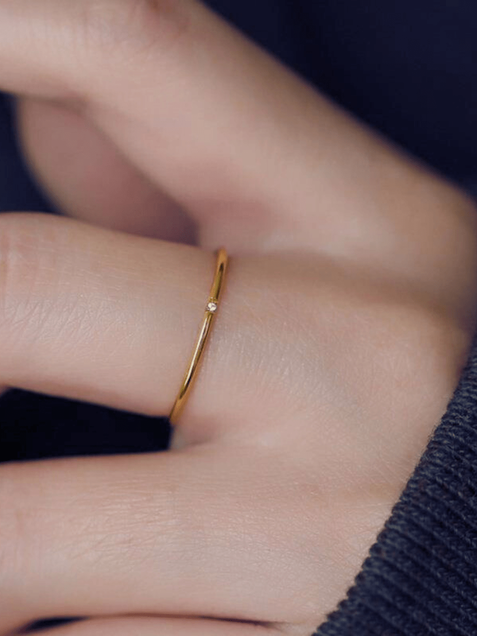 Petite Gem Stacking Ring gold tone worn on hand, minimalist stacking ring Malaysia lifestyle