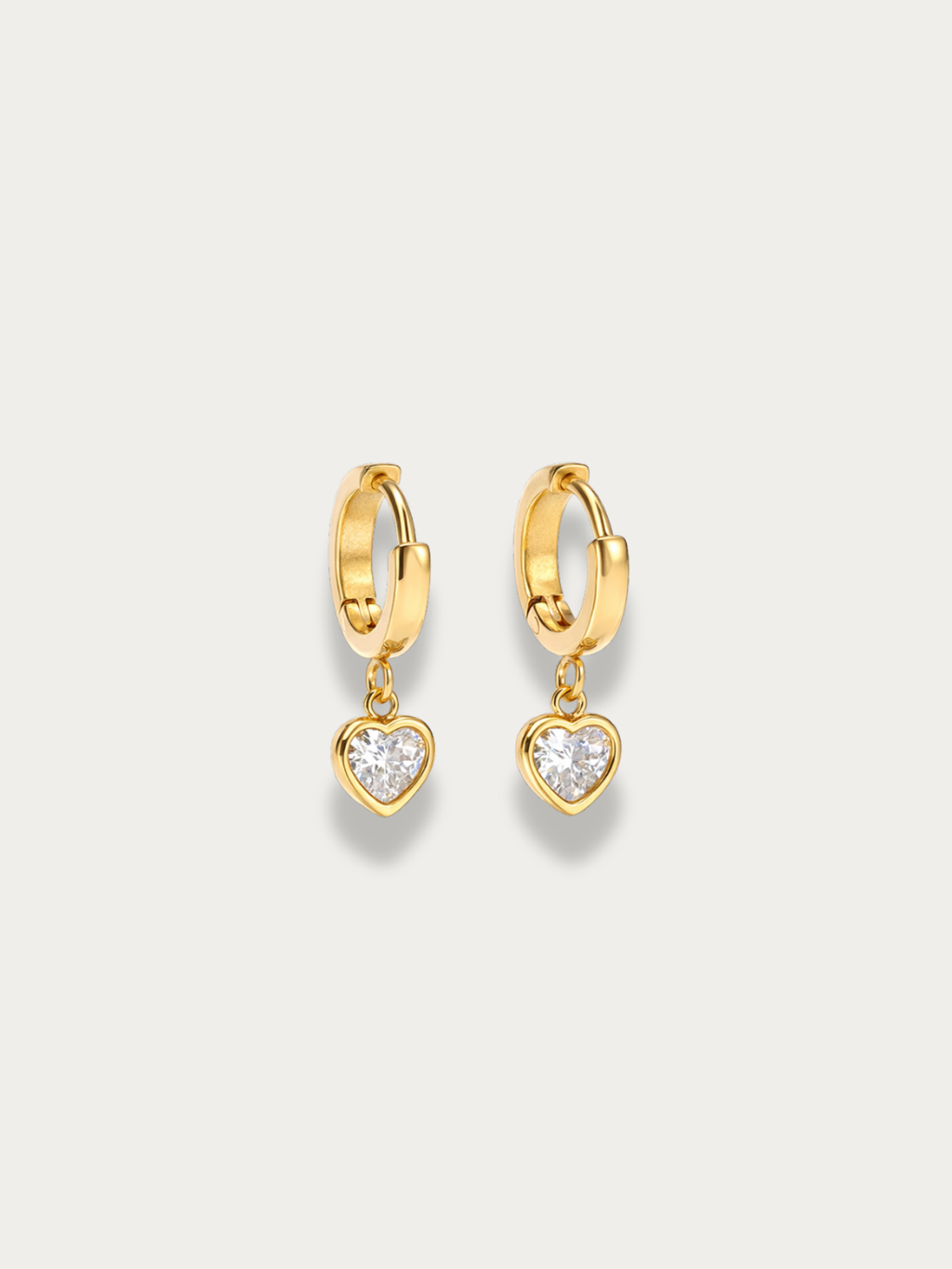 philia heart drop huggie earrings front view sparkle