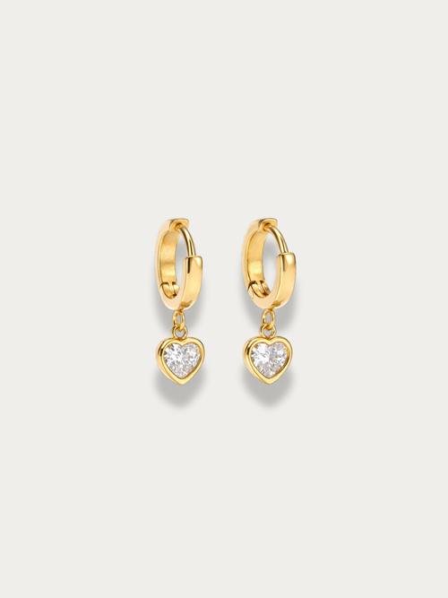 philia heart drop huggie earrings front view sparkle