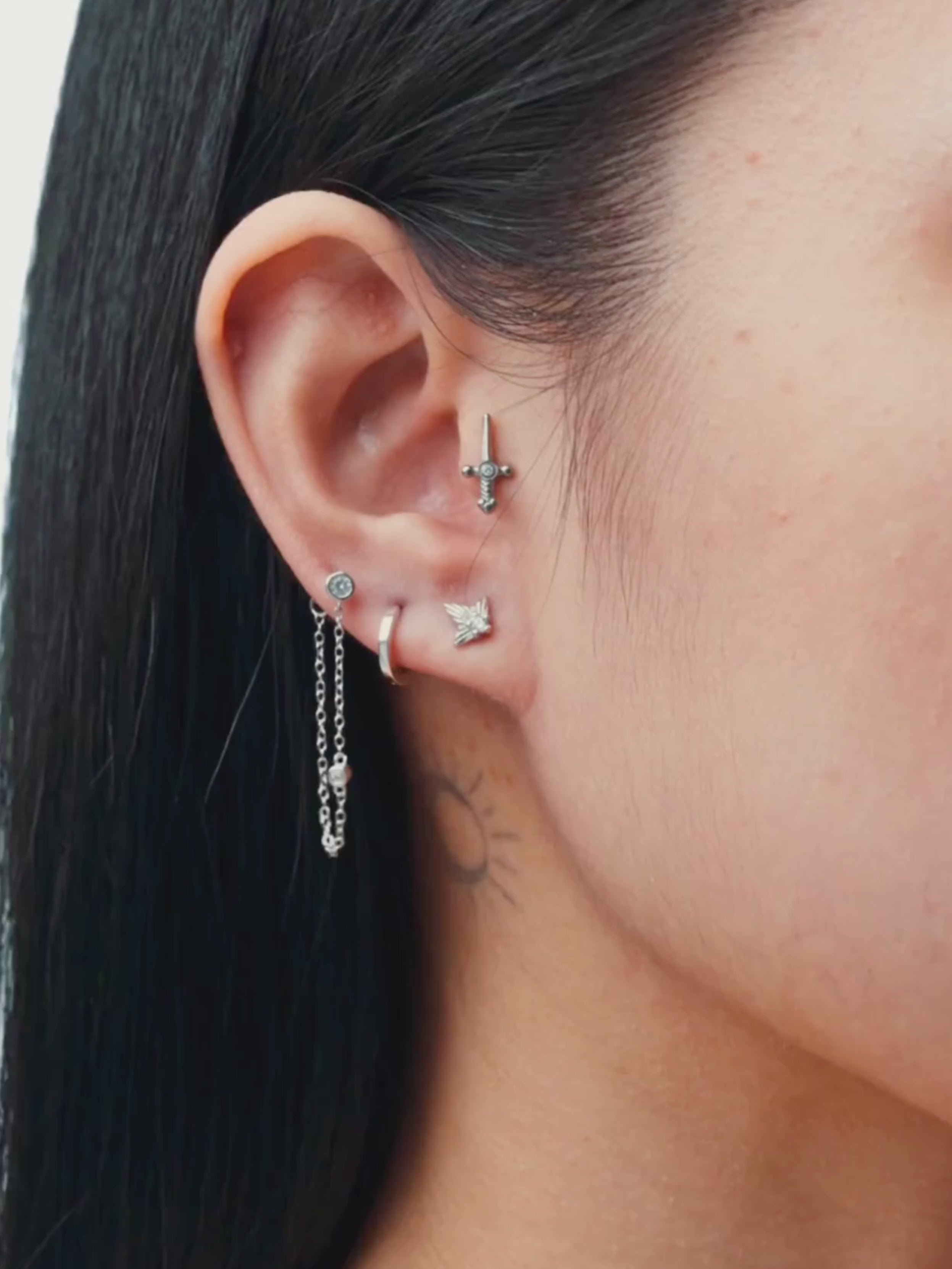 MNML Maris Flowchain stud layered with huggie hoops — ear stack styling Malaysia