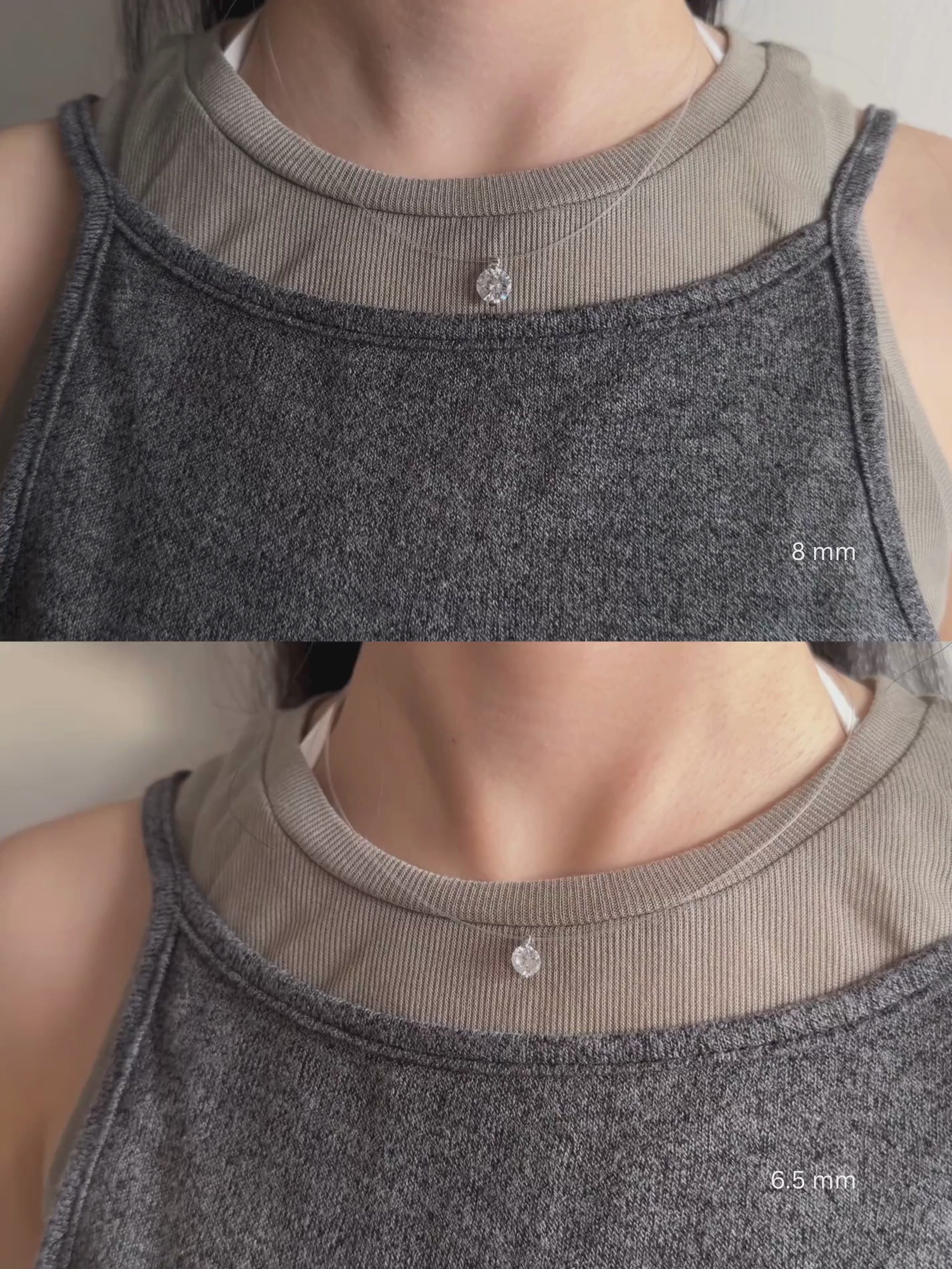 Minimalist floating diamond necklace worn on neck, elegant everyday jewelry look