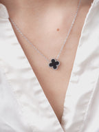 Model wearing MNML Medium Clover Duo Cable Chain Necklace at collarbone — everyday clover necklace Malaysia