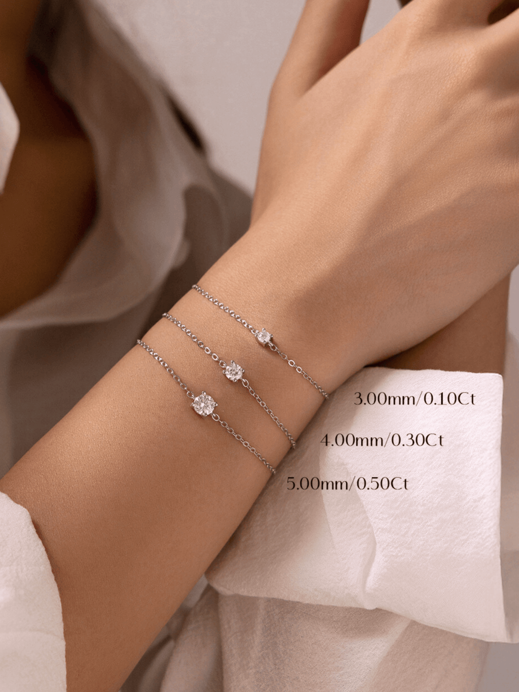 Ray Moissanite Bracelet 925 silver three stone sizes on wrist