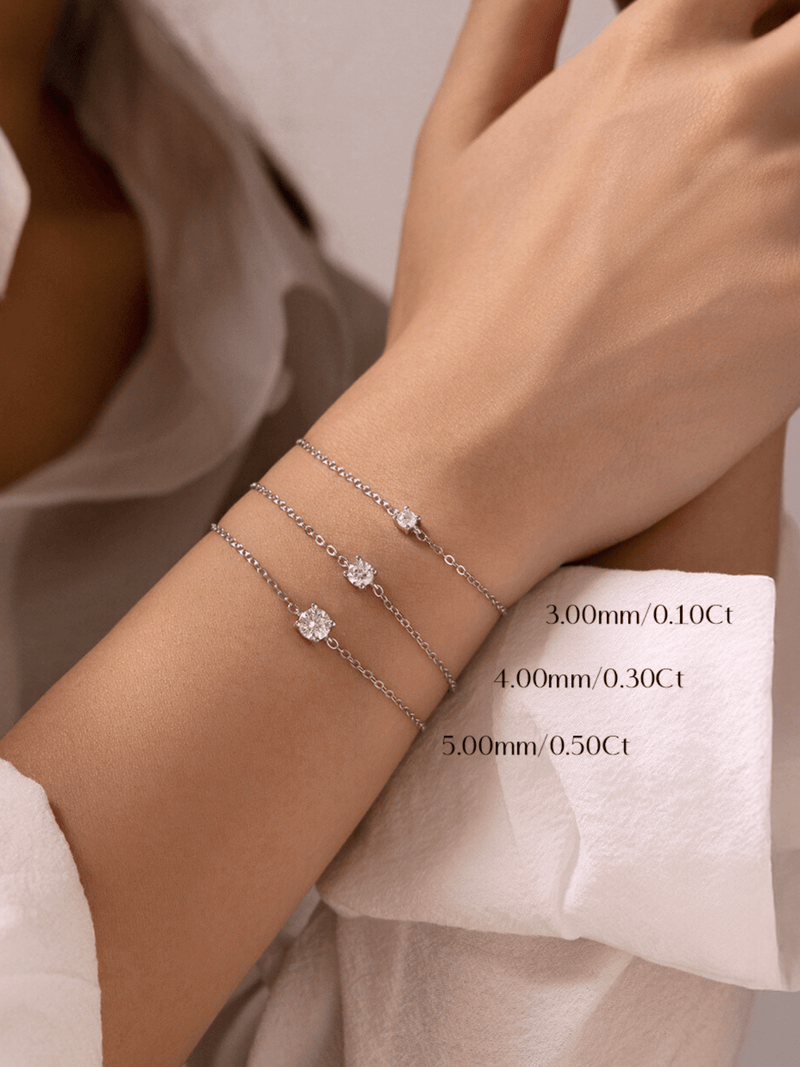 Ray Moissanite Bracelet 925 silver three stone sizes on wrist