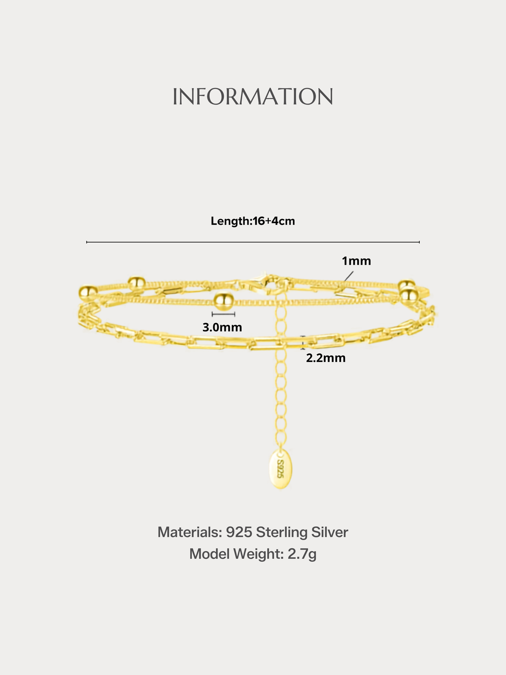 REMY Paperclip Bead Chain Bracelet in gold, size and material specifications