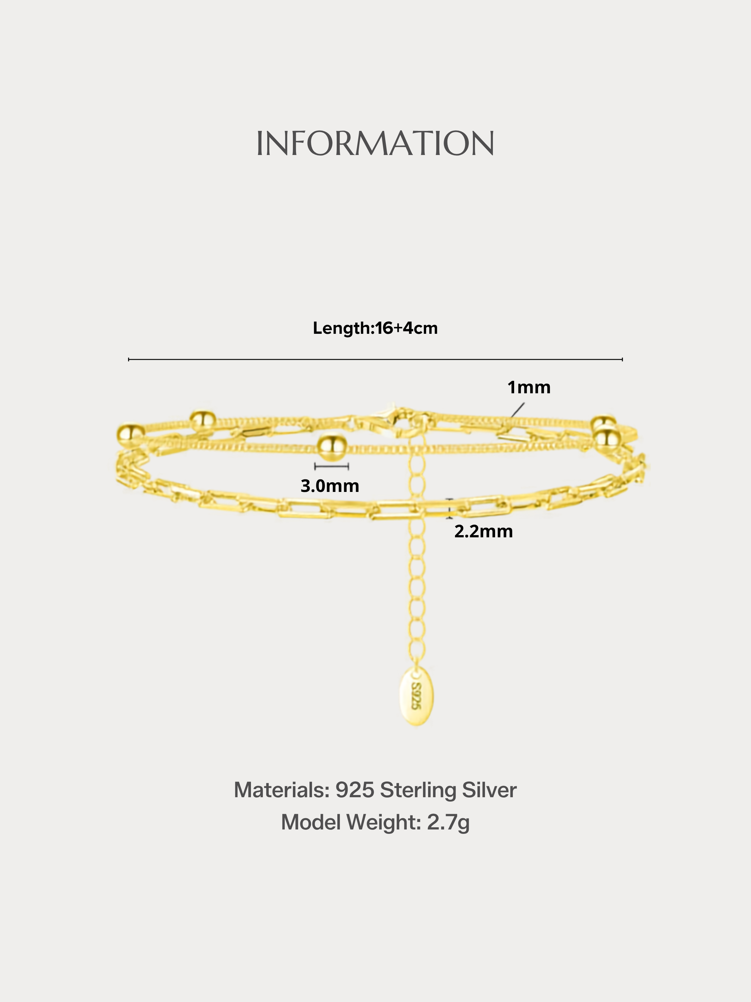REMY Paperclip Bead Chain Bracelet in gold, size and material specifications