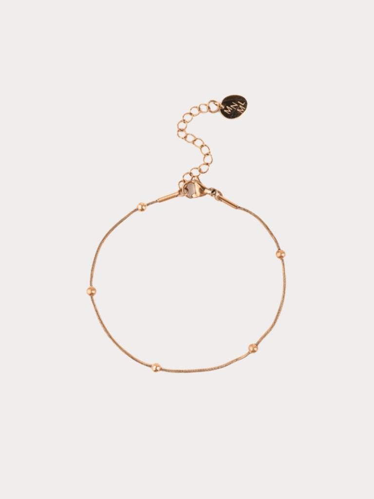 Rhea Satellite Snake Chain Essential Bracelet in rose gold stainless steel with bead accents, studio hero shot