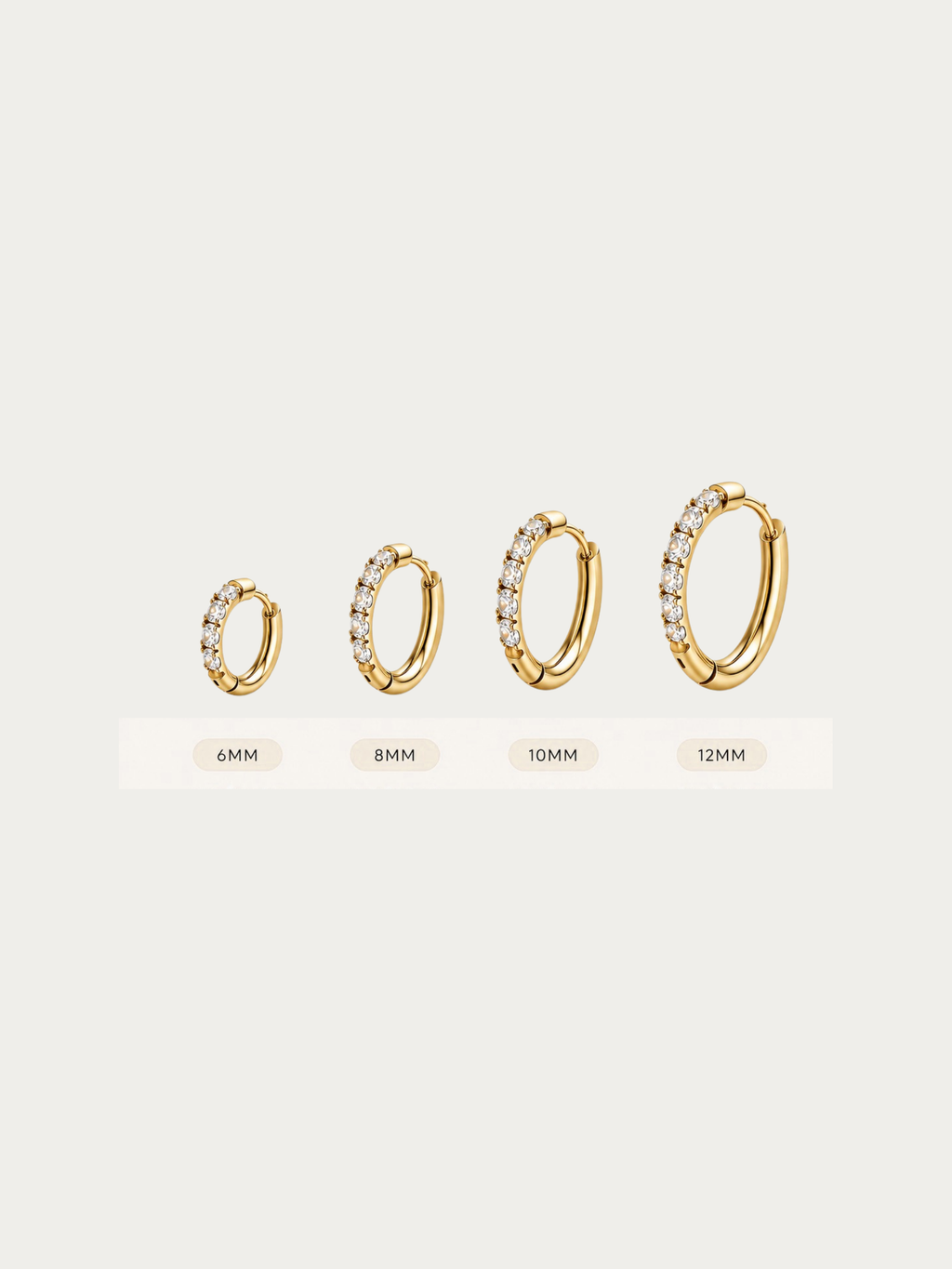 Ritual Pavé Huggie Earrings shown across all four size options