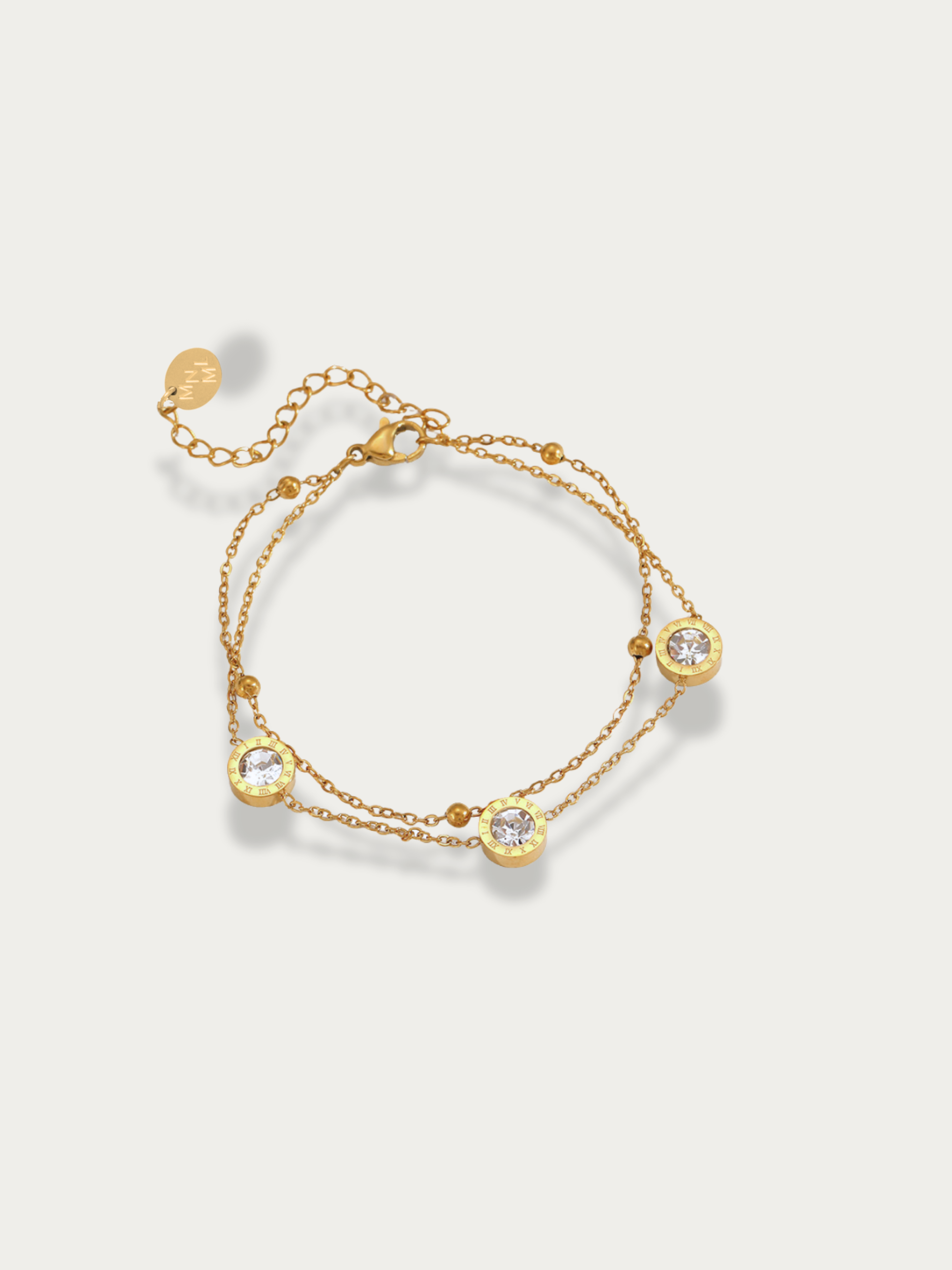 Rona Roman Numerals Double-Layered CZ Bracelet gold tone stainless steel, twin chains with CZ bezels, product flatlay