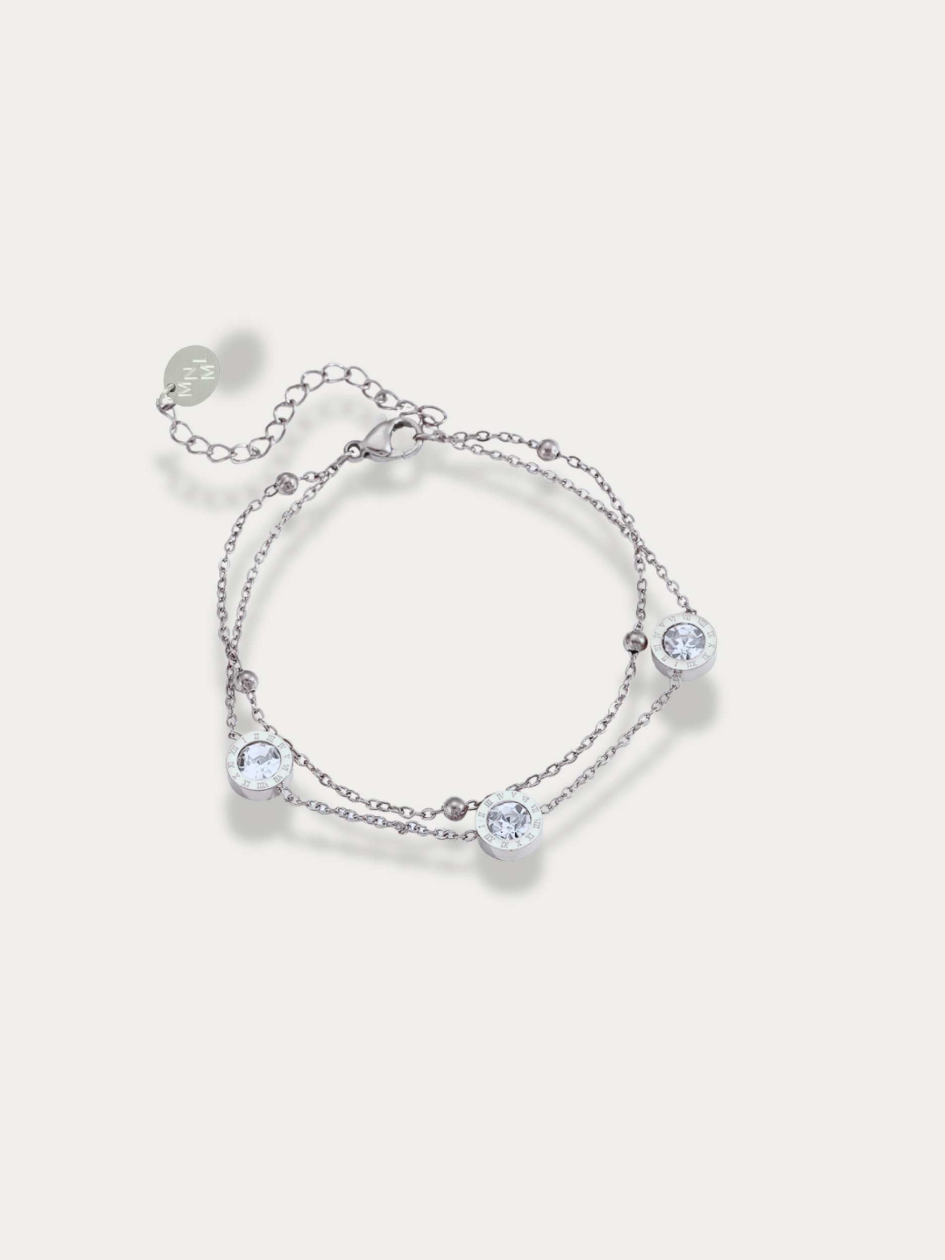 Rona Roman Numerals Double-Layered CZ Bracelet silver tone stainless steel, twin chains with CZ bezels, product flatlay
