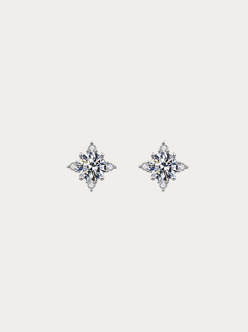Rosaline 1-Carat Starburst Moissanite Stud Earrings pair in S925 silver with round brilliant centre stone, studio hero shot