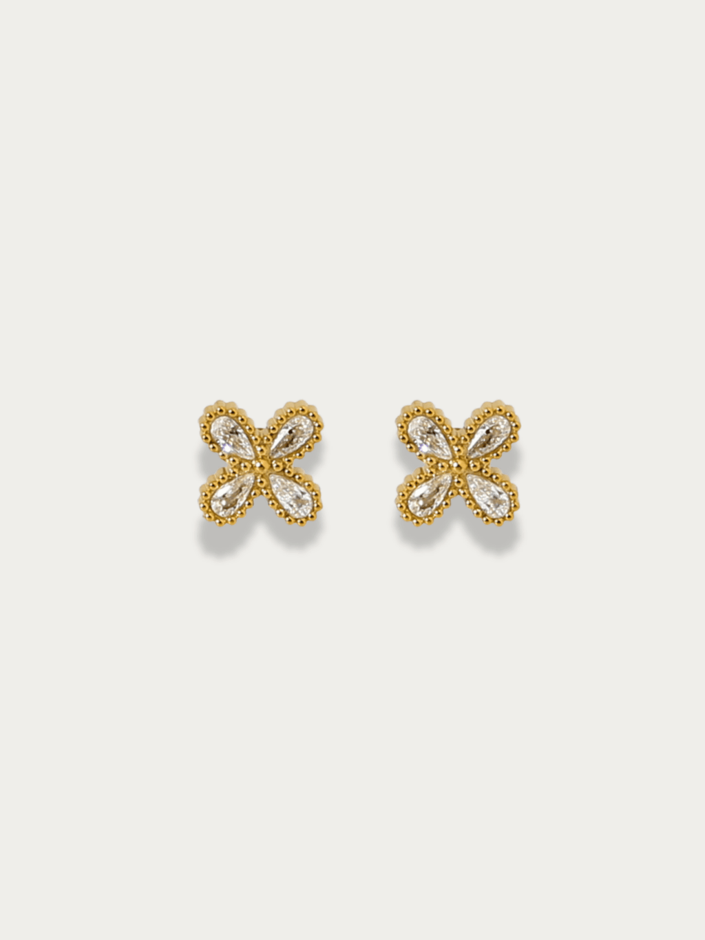 Roselle Floral Stud Earrings gold 14K plated titanium, four pear-cut CZ petals with milgrain border, product flatlay