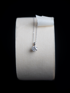 Close-up of six-prong solitaire moissanite on Sawyer necklace showing brilliance