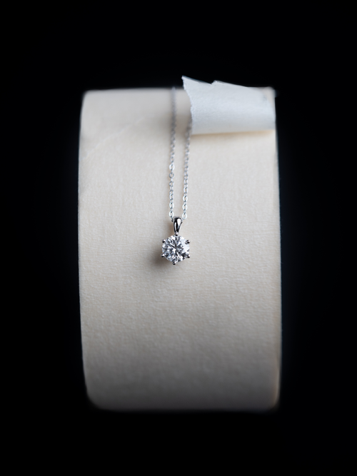 Close-up of six-prong solitaire moissanite on Sawyer necklace showing brilliance