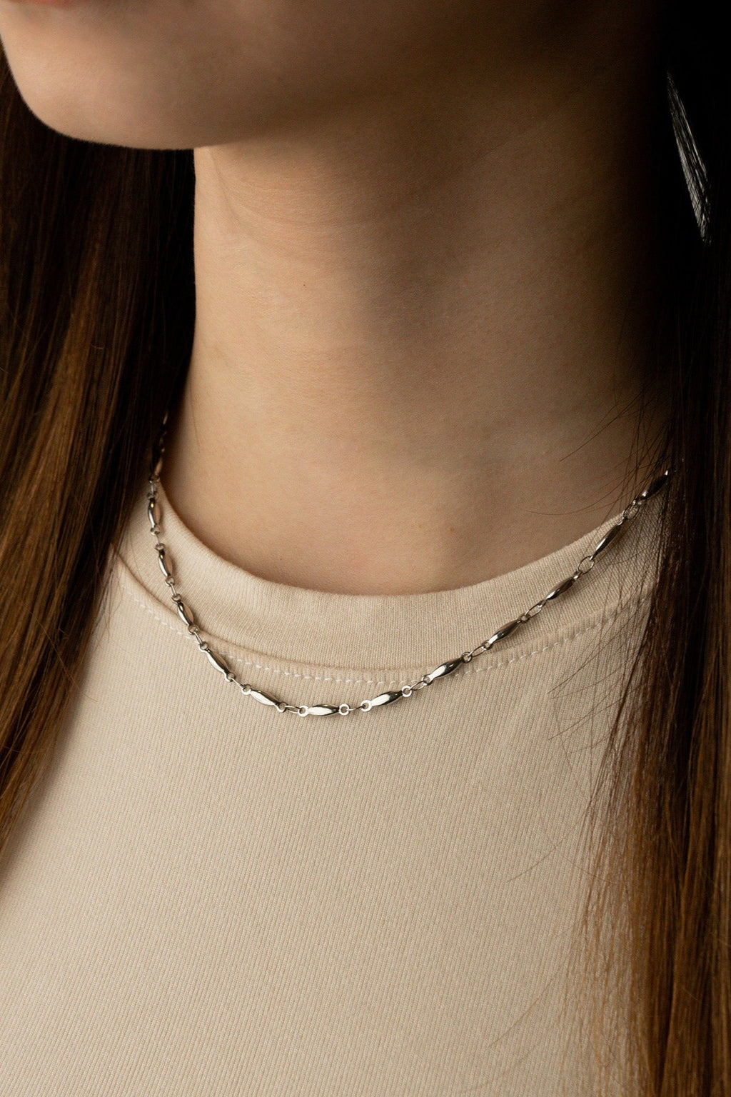 Seed Chain Necklace worn on neck, minimalist chain necklace Malaysia lifestyle