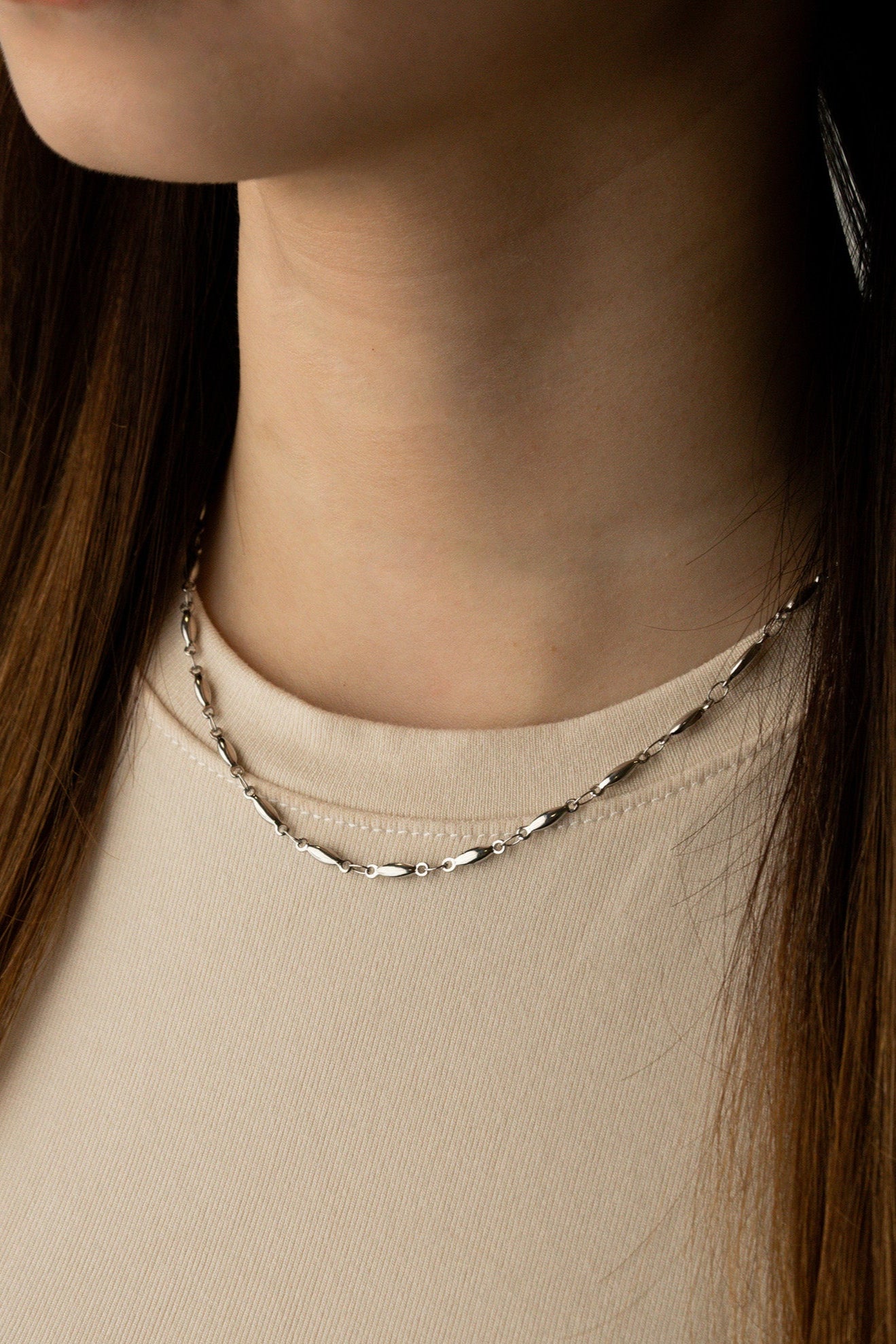 Seed Chain Necklace worn on neck, minimalist chain necklace Malaysia lifestyle