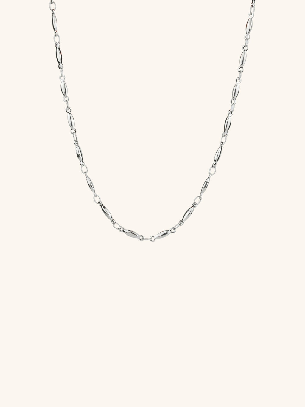 Seed Chain Necklace silver tone stainless steel, rice-link seed chain 40cm, product flatlay