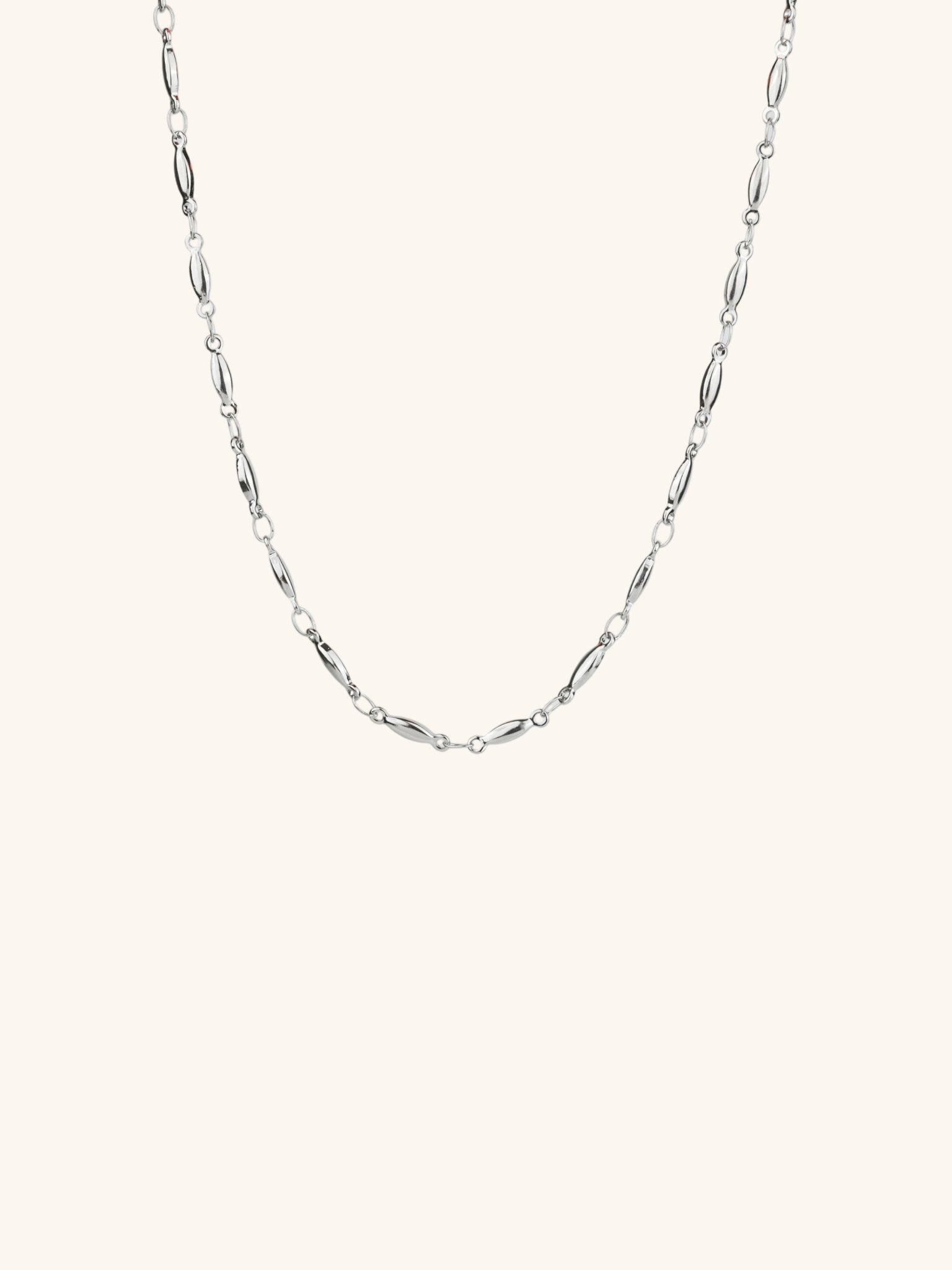 Seed Chain Necklace silver tone stainless steel, rice-link seed chain 40cm, product flatlay
