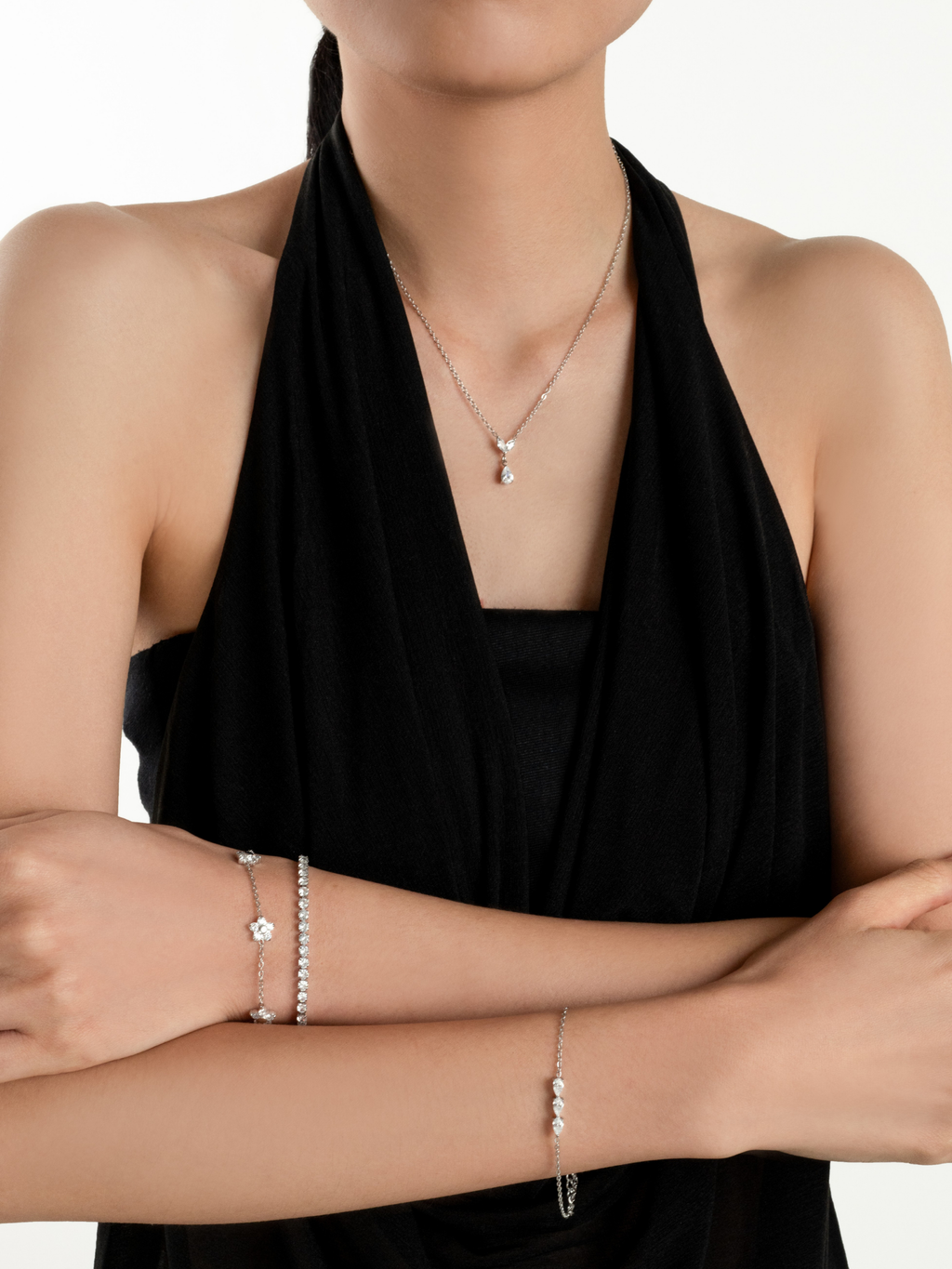 Seraphine Diamond Drop Necklace worn on neckline