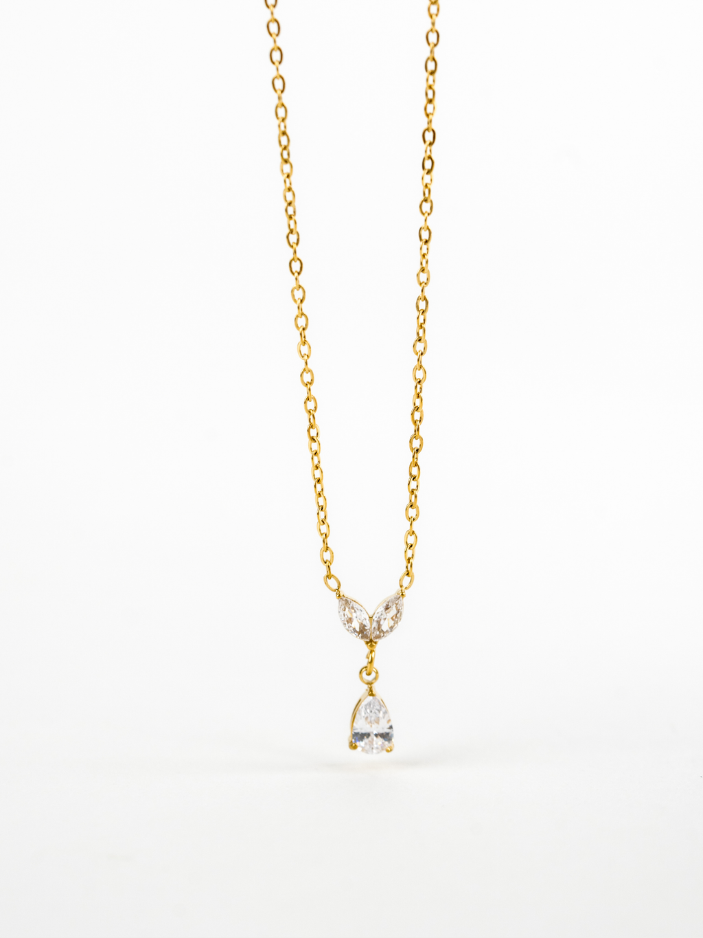 Close-up of marquise-cut stones and pear-cut drop on Seraphine Necklace