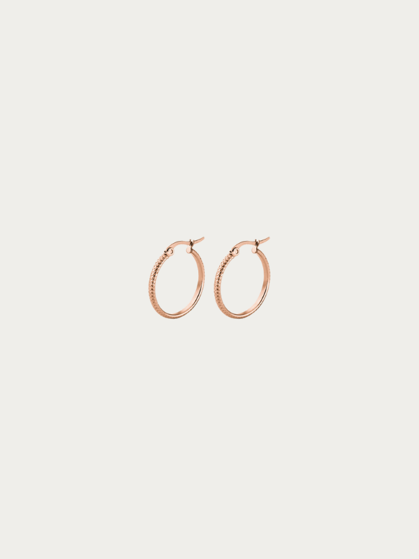 Seren Textured Hoop Earrings rose gold tone titanium, 15mm oval rope-textured hoop, product flatlay
