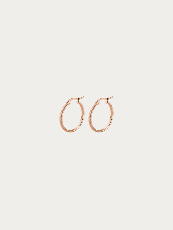 Seren Textured Large Hoop Earrings rose gold tone titanium, 25mm rope-textured hoop, product flatlay