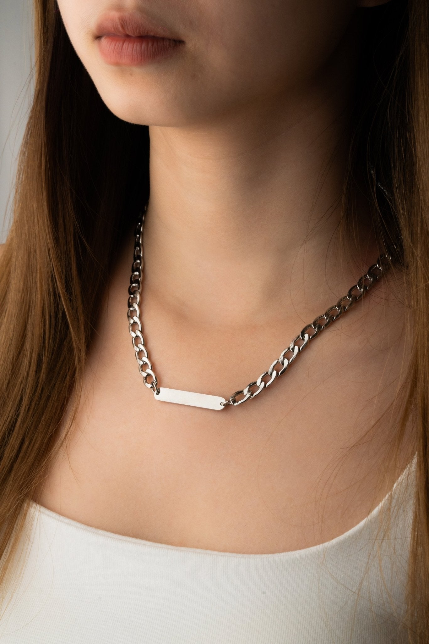 Statement Curb Chain Engravable Necklace worn on neck, bold personalised titanium necklace Malaysia