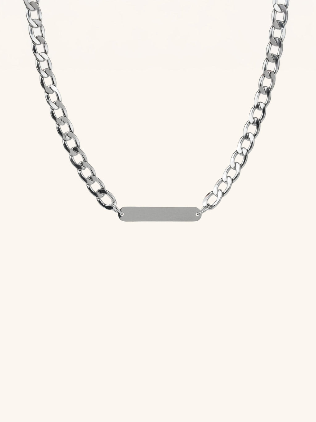 Statement Curb Chain Engravable Necklace silver tone titanium, bold curb chain with centre plate, product flatlay