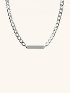Statement Curb Chain Engravable Necklace silver tone titanium, bold curb chain with centre plate, product flatlay
