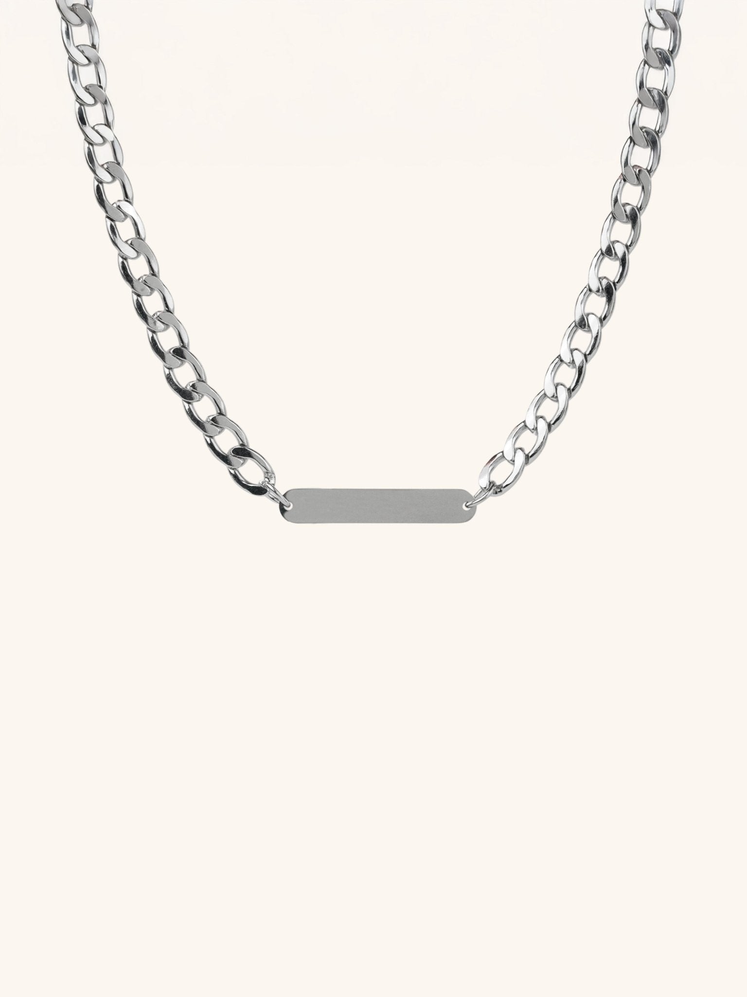 Statement Curb Chain Engravable Necklace silver tone titanium, bold curb chain with centre plate, product flatlay