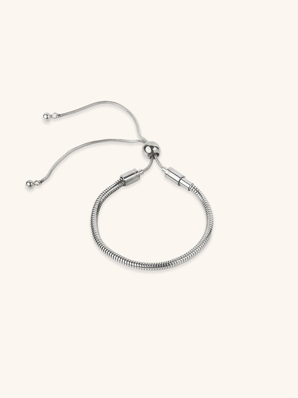 Statement Snake Chain Adjustable Bracelet silver tone stainless steel, 4mm snake chain with slider ball, product flatlay