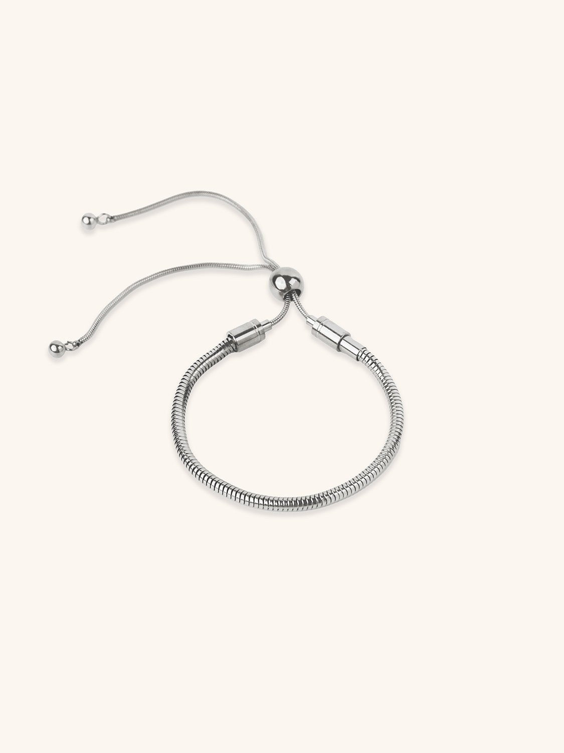 Statement Snake Chain Adjustable Bracelet silver tone stainless steel, 4mm snake chain with slider ball, product flatlay