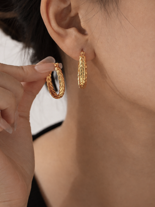 statement wheat hoop earrings titanium on model