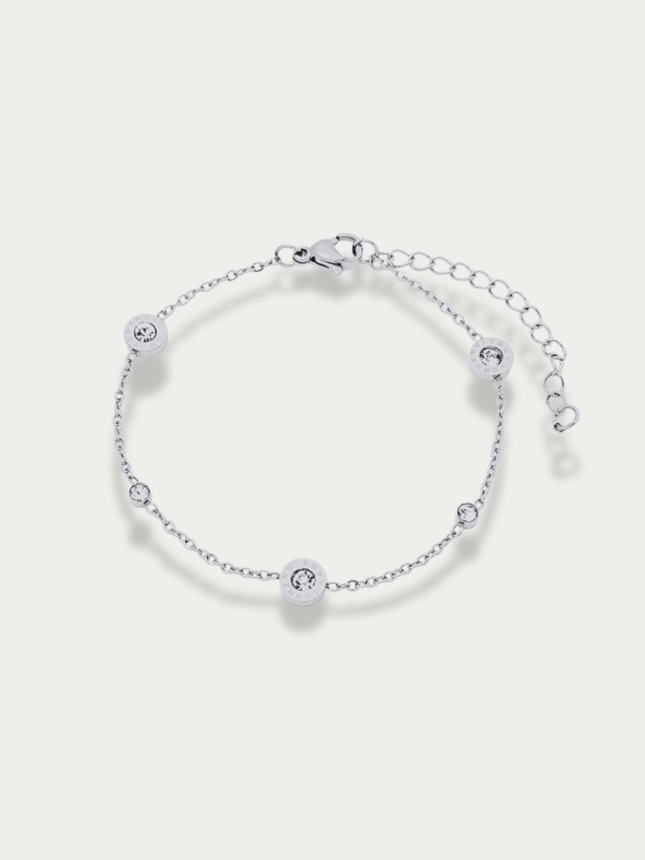 Trio Roman Numerals Diamonds Bracelet in silver titanium with three engraved discs and cubic zirconia accents, studio hero shot