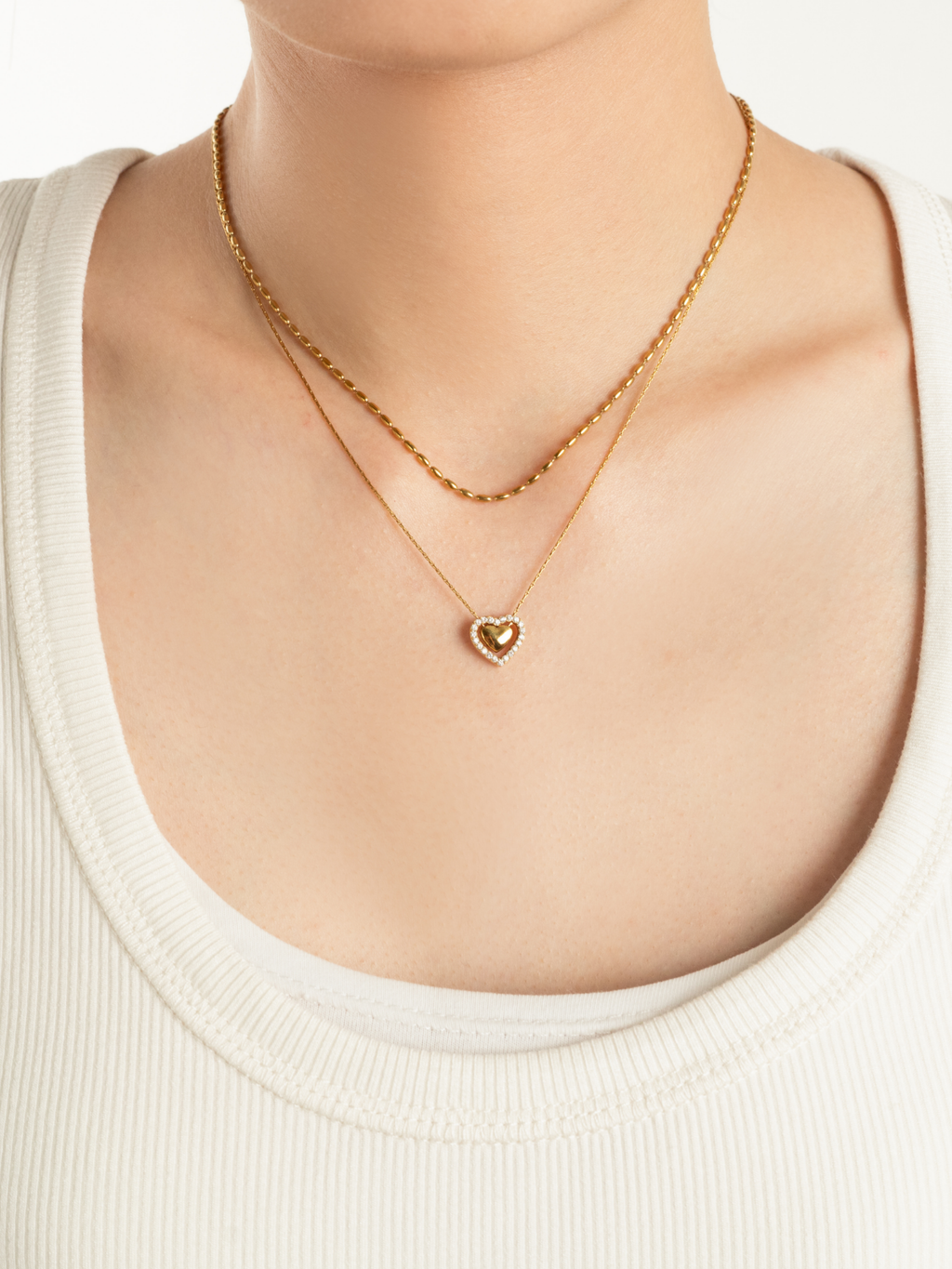 Valen Engravable Floating Heart Necklace worn on neckline