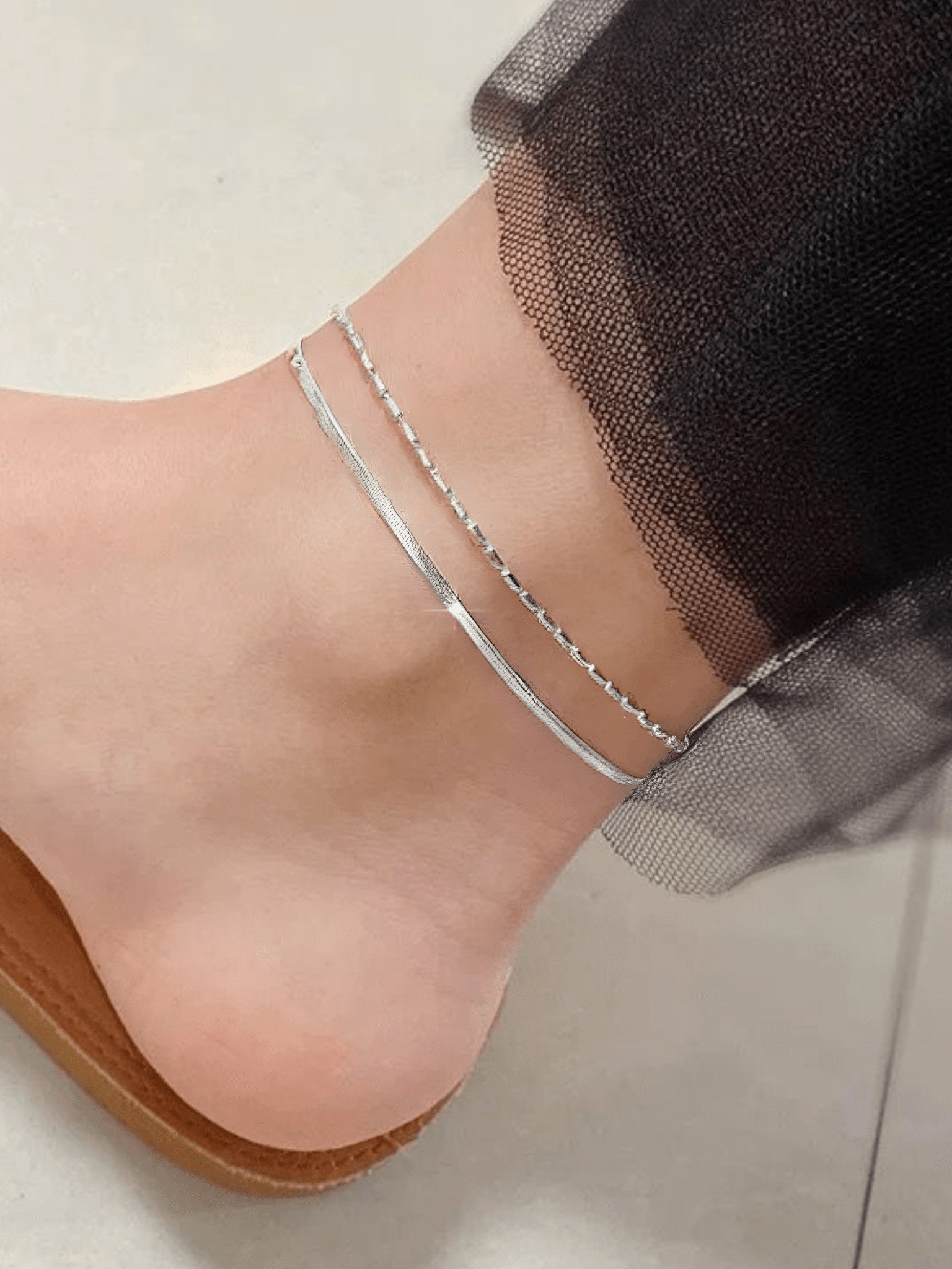 Layered Herringbone Bead Chain Anklet - Minimalist Lab