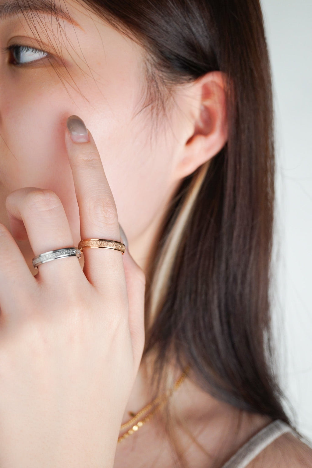 Model wearing Colette Frosted Matte Ring on hand