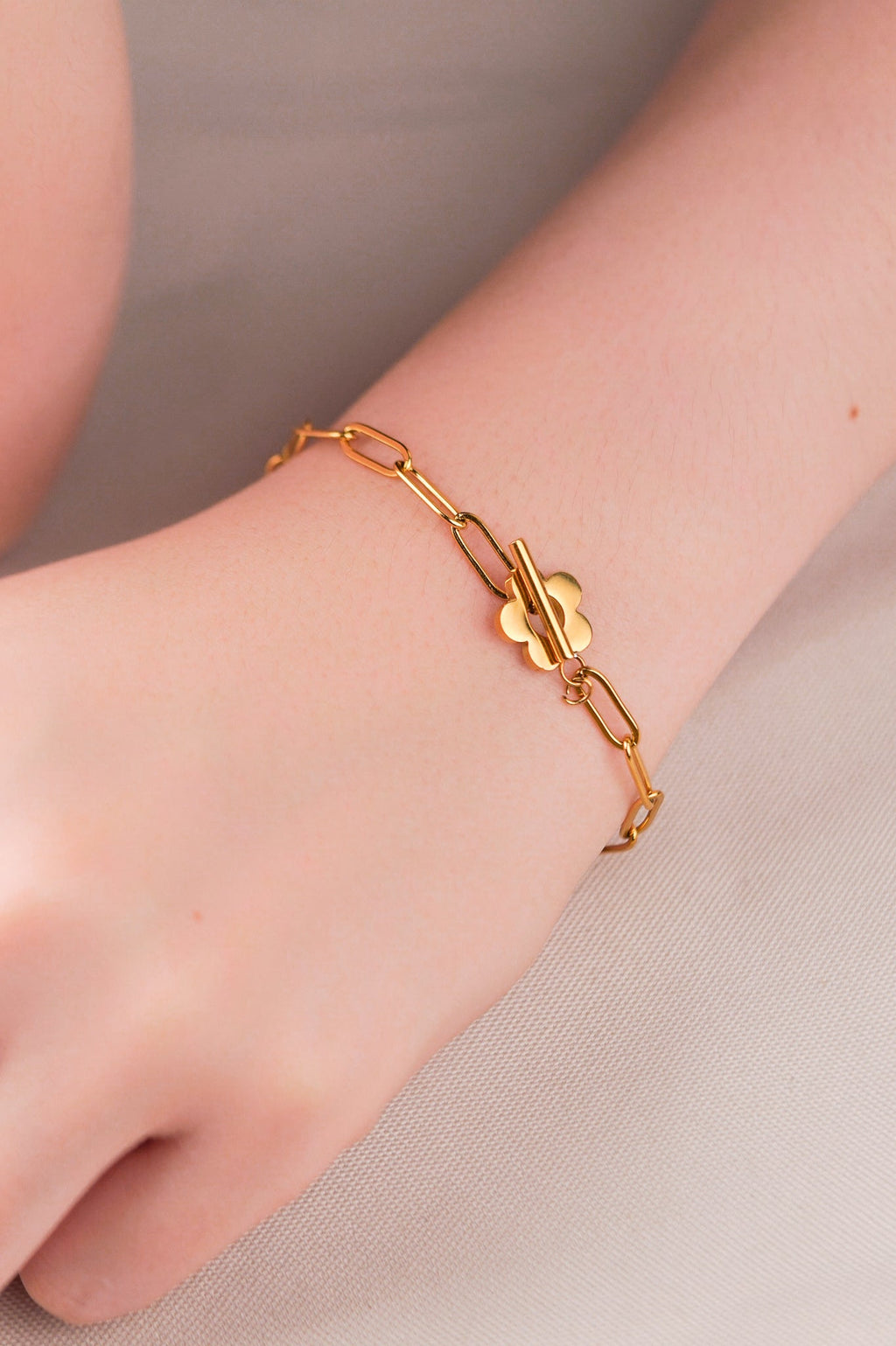 Flower Toggle Bracelet worn in everyday lifestyle setting