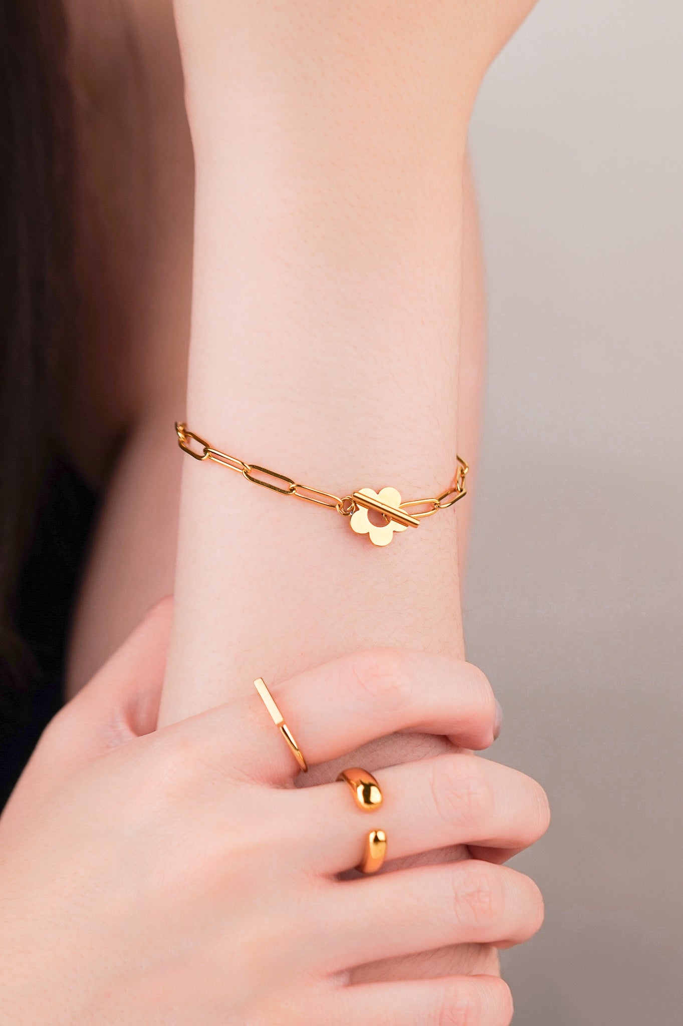 Model wearing Flower Toggle Bracelet on wrist