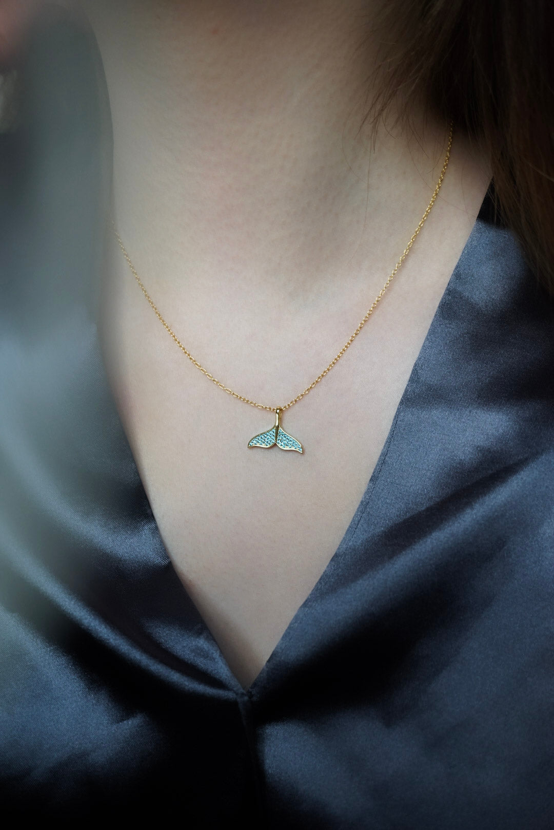 Gold Blue Stones Whale Tail Necklace
